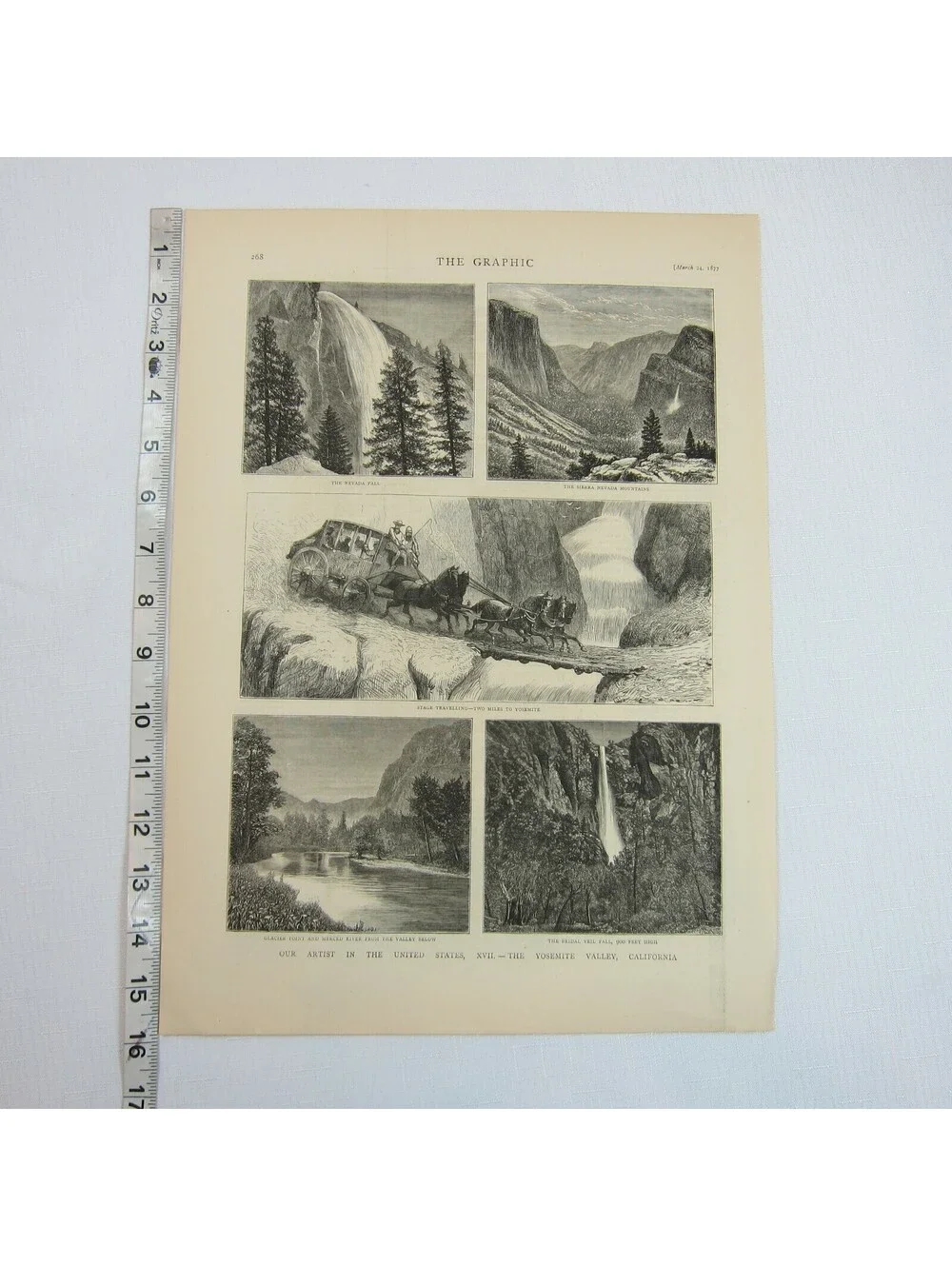Antique 1877 Print Yosemite Valley California Nevada Fall Sierra, The Graphic